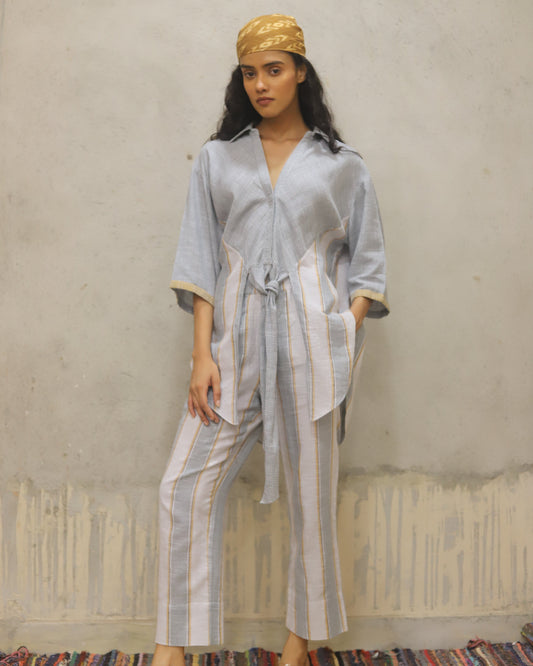 Cotton printed Bandana + dress + pant + top in coordinated mini check and stripe , hand powerloomed fabric , soft touch. Mother of pearl buttoon