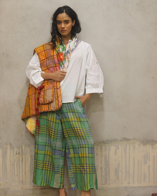 Cotton shirt with hand embroidered sleeve detail + printed check quilted reversible jacket + contrast check printed pants + matching bandana in cotton