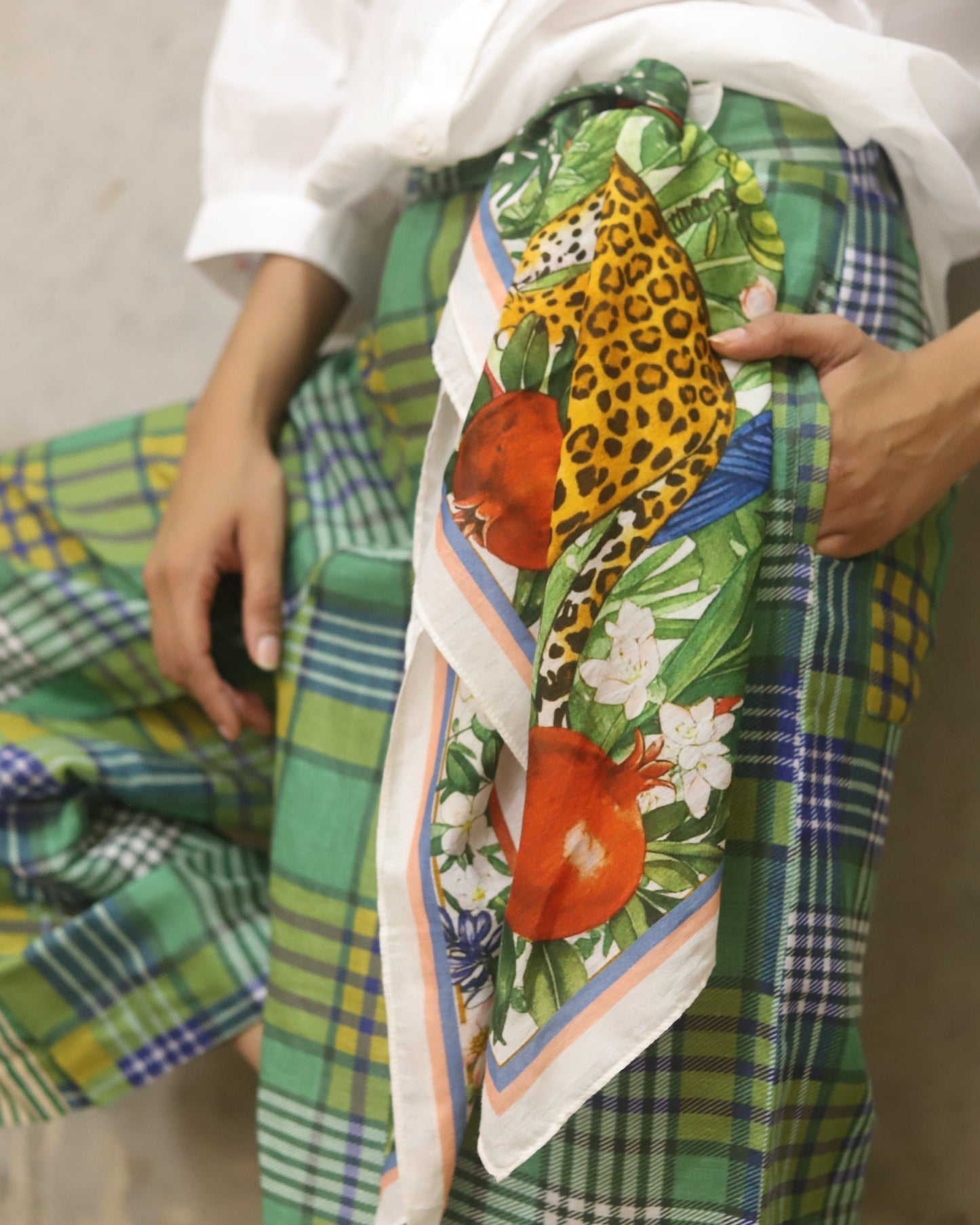 Cotton shirt with hand embroidered sleeve detail + printed check quilted reversible jacket + contrast check printed pants + matching bandana in cotton