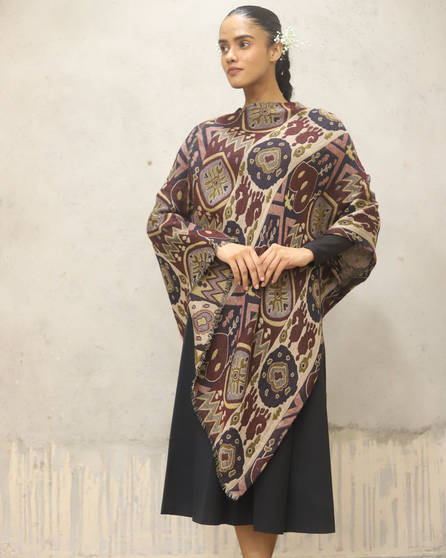Pure Merino wool jacquard poncho