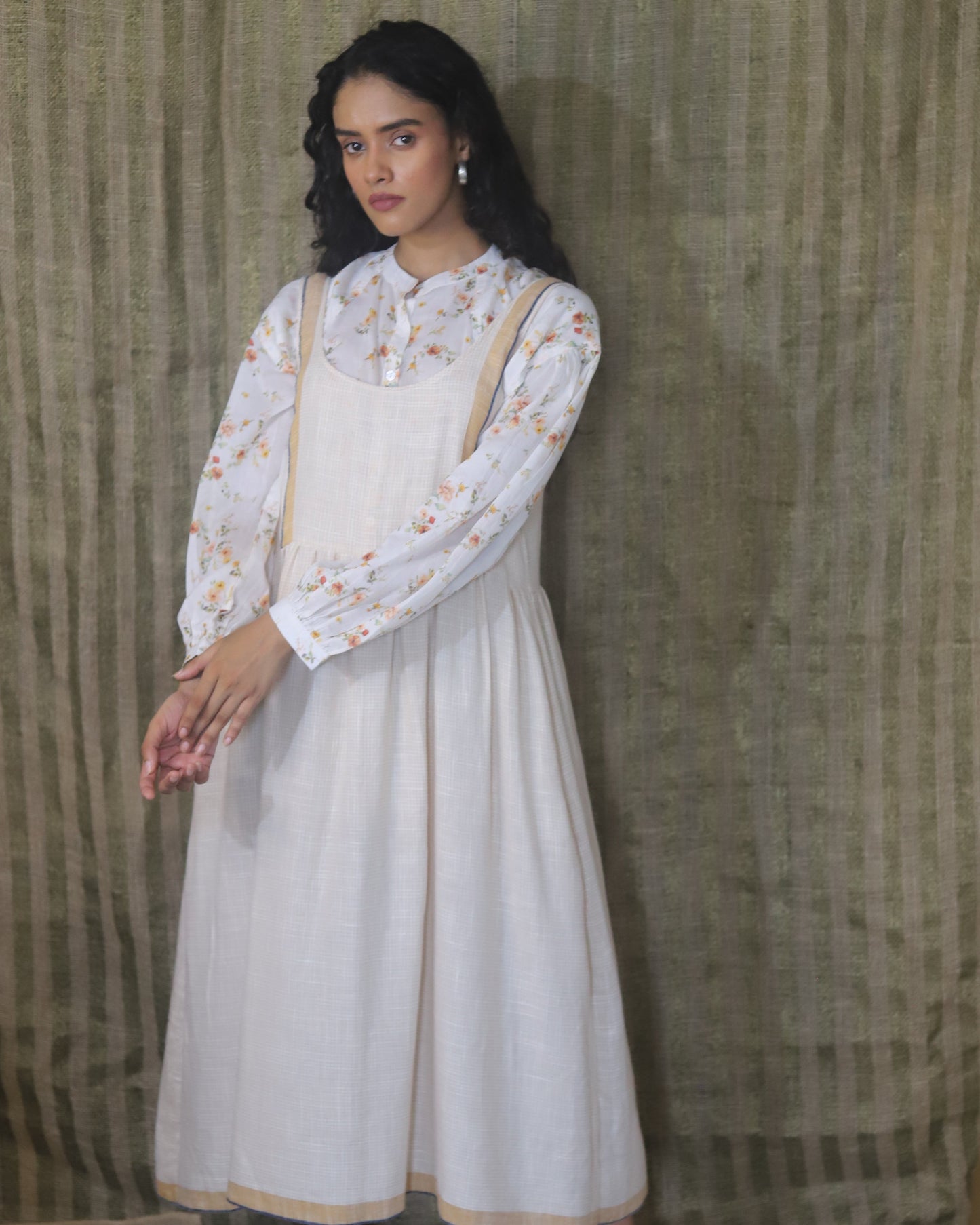 Printed shirt with back pleating detail band collar and shoulder front yoke + Woven dress with border and check edge detailing