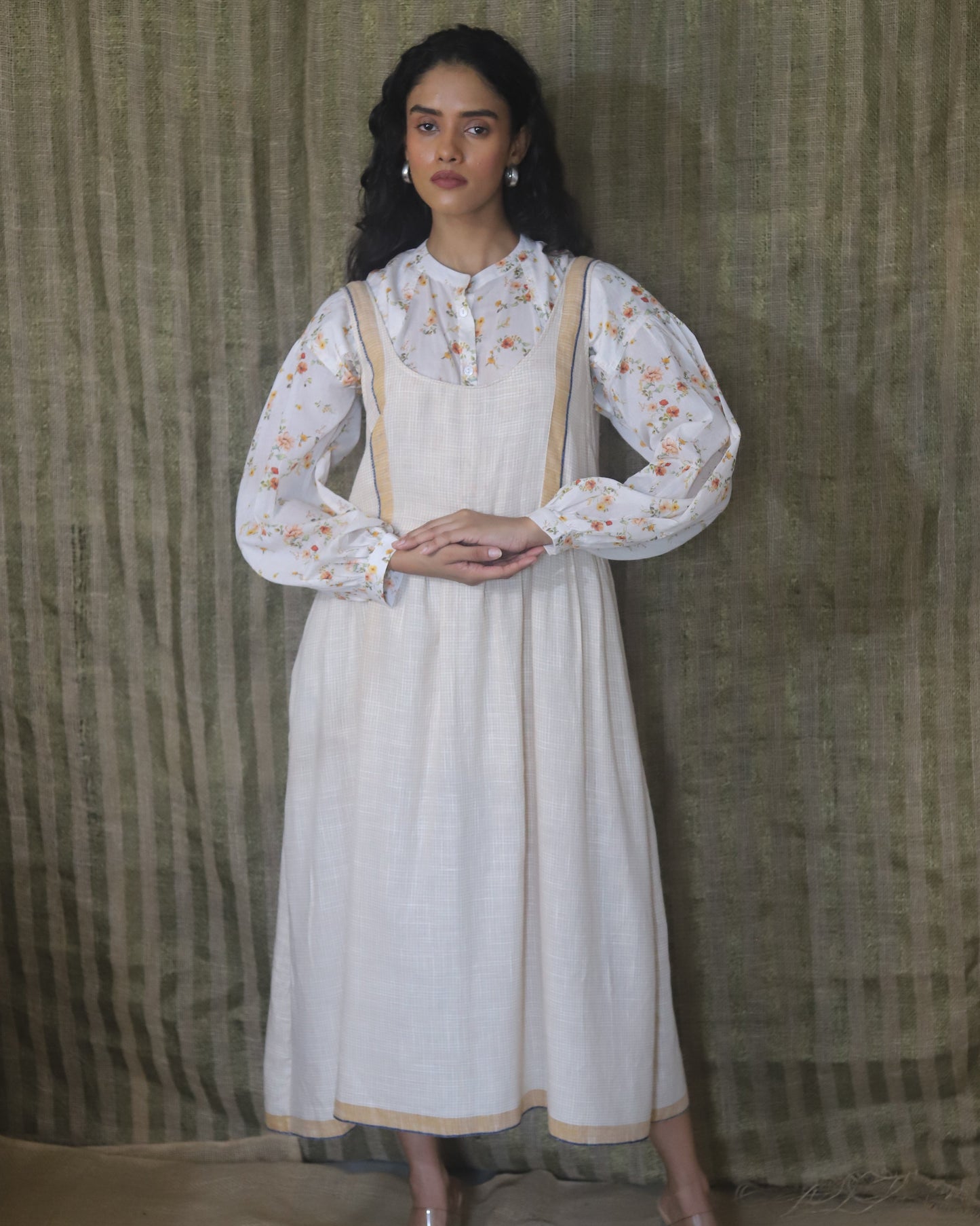 Printed shirt with back pleating detail band collar and shoulder front yoke + Woven dress with border and check edge detailing