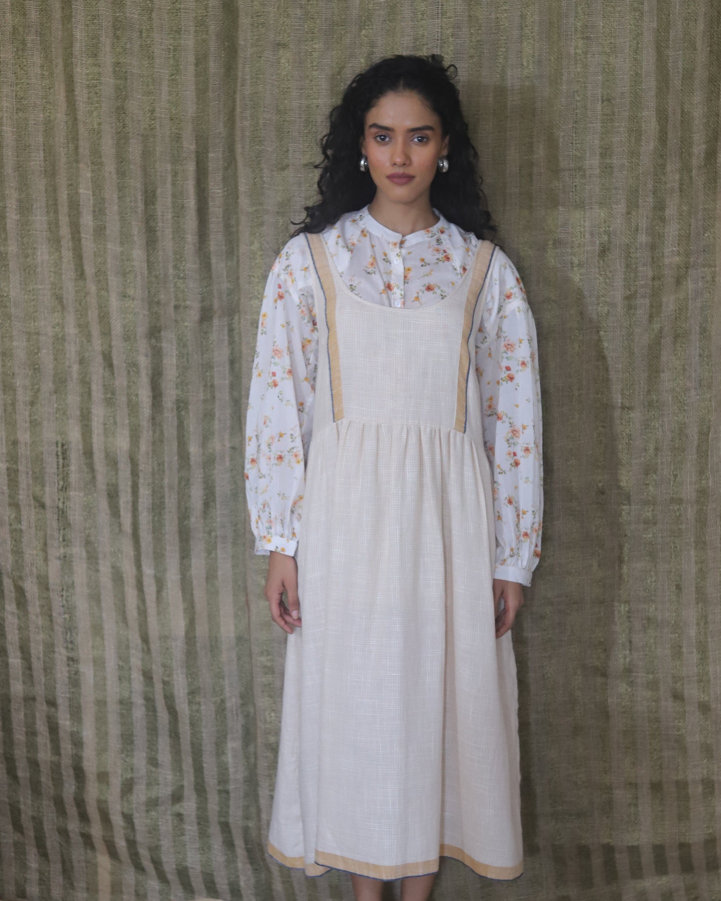 Printed shirt with back pleating detail band collar and shoulder front yoke + Woven dress with border and check edge detailing