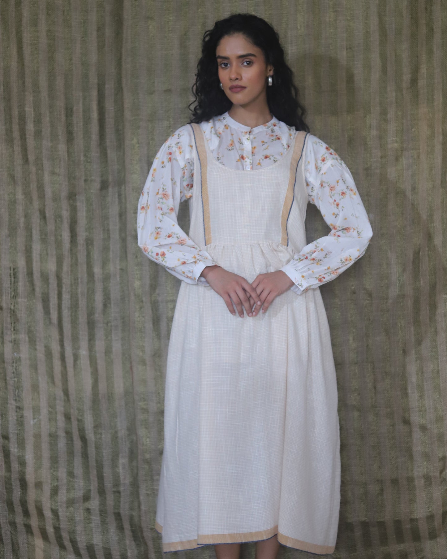 Printed shirt with back pleating detail band collar and shoulder front yoke + Woven dress with border and check edge detailing