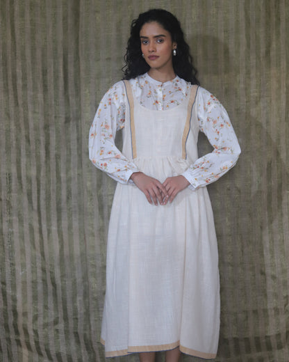 Printed shirt with back pleating detail band collar and shoulder front yoke + Woven dress with border and check edge detailing
