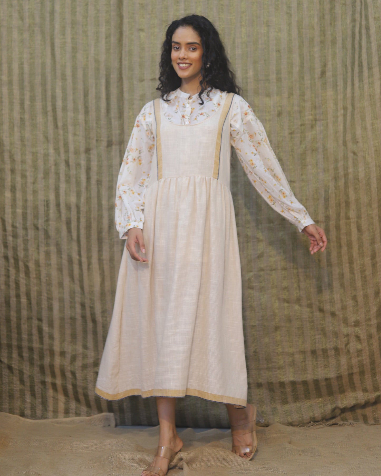 Printed shirt with back pleating detail band collar and shoulder front yoke + Woven dress with border and check edge detailing