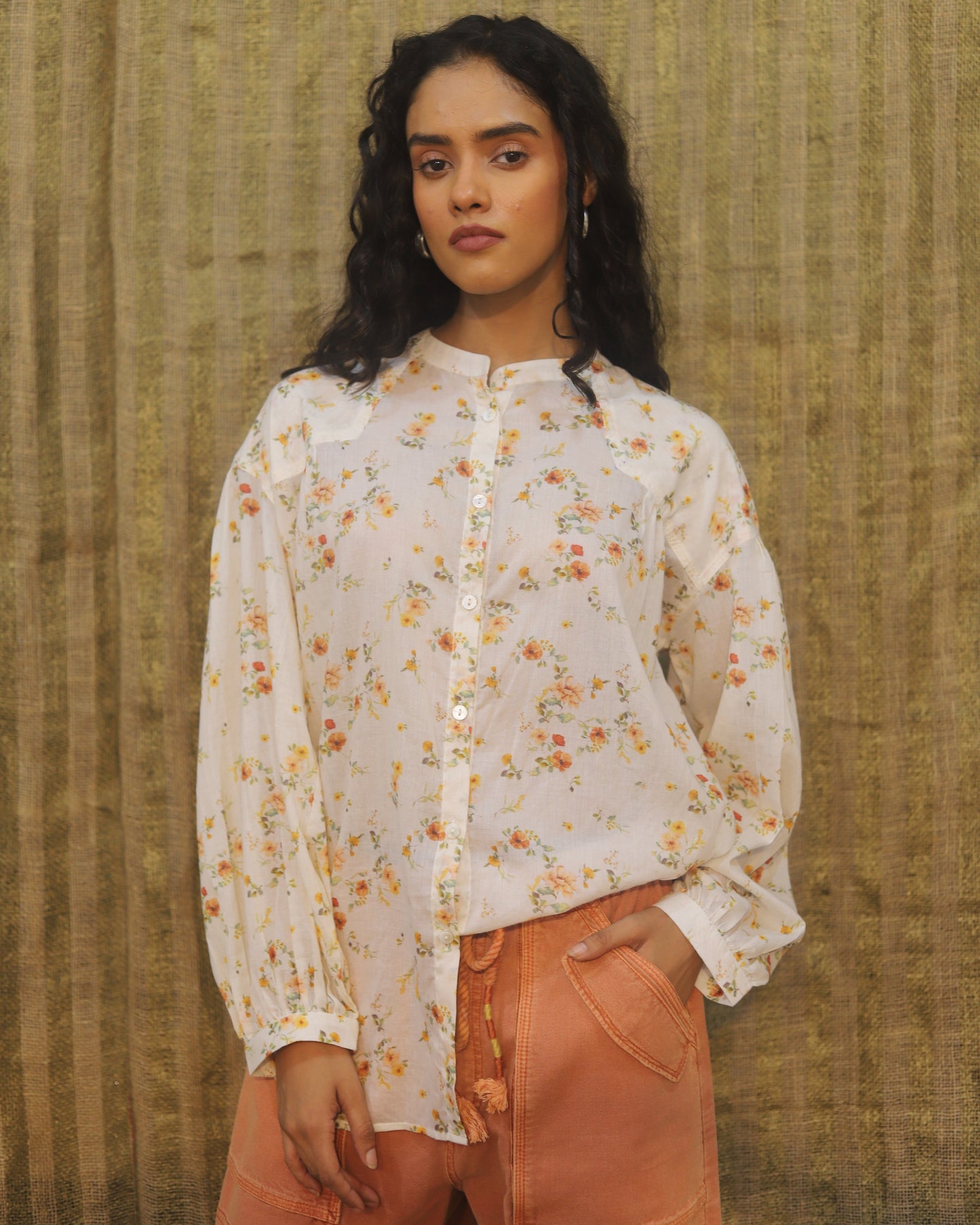Pure cotton printed top , relaxed fit with mother of pearl button detai