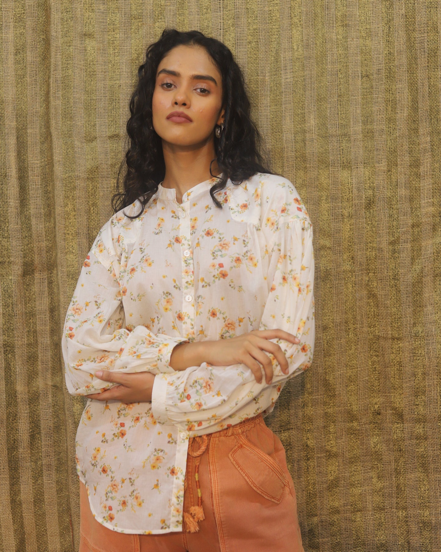 Pure cotton printed top , relaxed fit with mother of pearl button detai