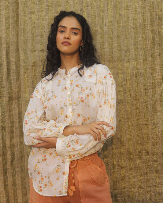 Pure cotton printed top , relaxed fit with mother of pearl button detai