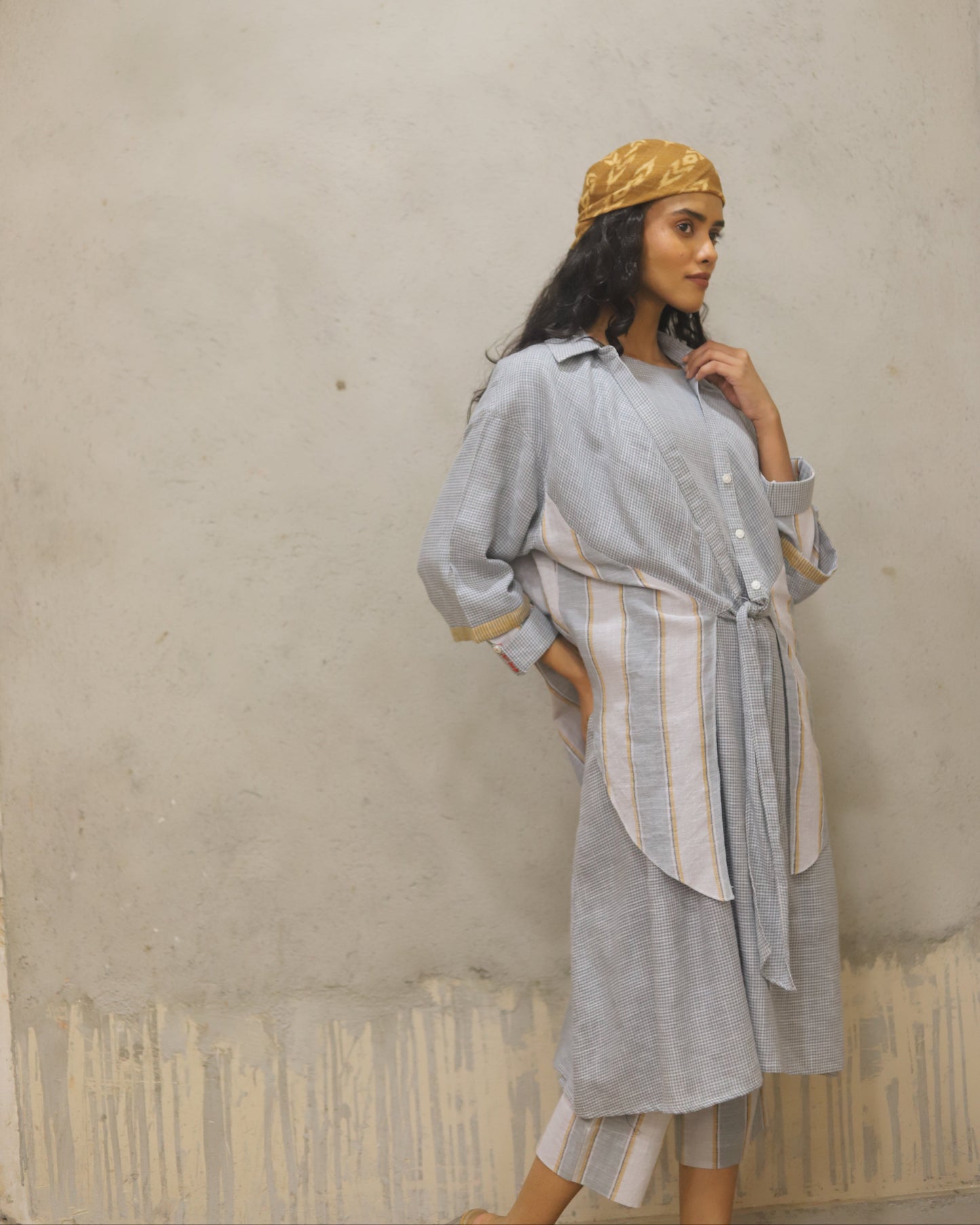 Cotton printed Bandana + dress + pant + top in coordinated mini check and stripe , hand powerloomed fabric , soft touch. Mother of pearl buttoon