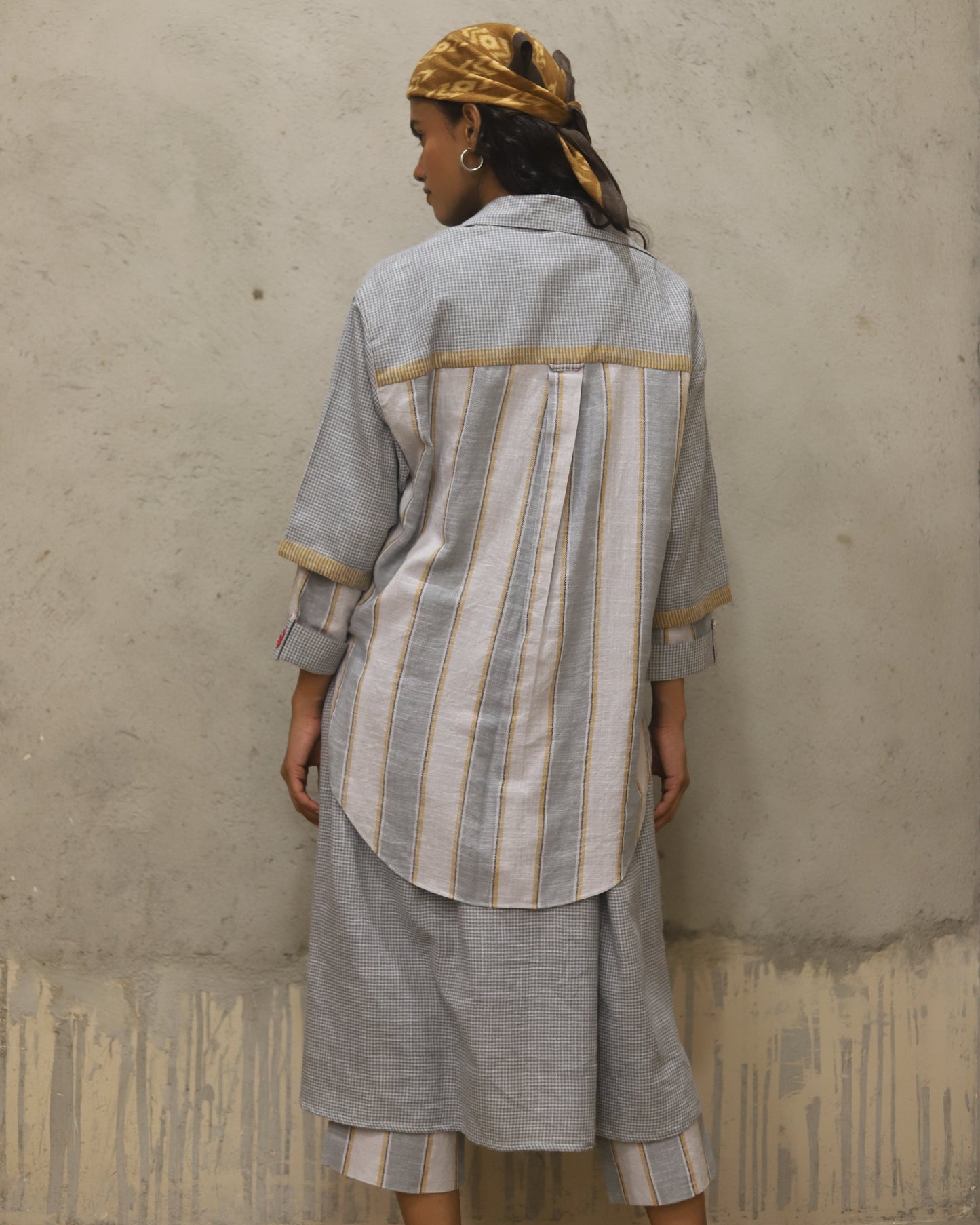 Cotton printed Bandana + dress + pant + top in coordinated mini check and stripe , hand powerloomed fabric , soft touch. Mother of pearl buttoon