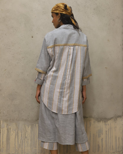 Cotton printed Bandana + dress + pant + top in coordinated mini check and stripe , hand powerloomed fabric , soft touch. Mother of pearl buttoon