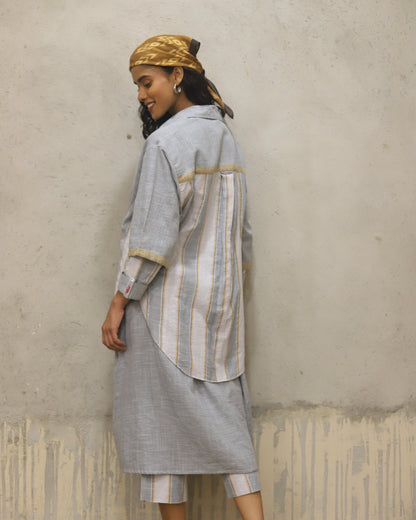 Cotton printed Bandana + dress + pant + top in coordinated mini check and stripe , hand powerloomed fabric , soft touch. Mother of pearl buttoon
