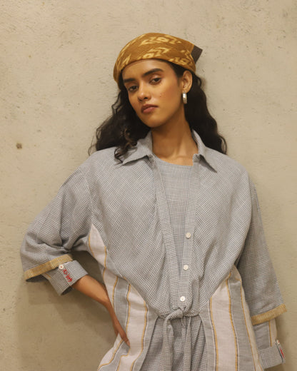 Cotton printed Bandana + dress + pant + top in coordinated mini check and stripe , hand powerloomed fabric , soft touch. Mother of pearl buttoon
