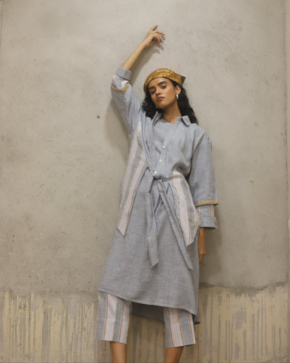 Cotton printed Bandana + dress + pant + top in coordinated mini check and stripe , hand powerloomed fabric , soft touch. Mother of pearl buttoon