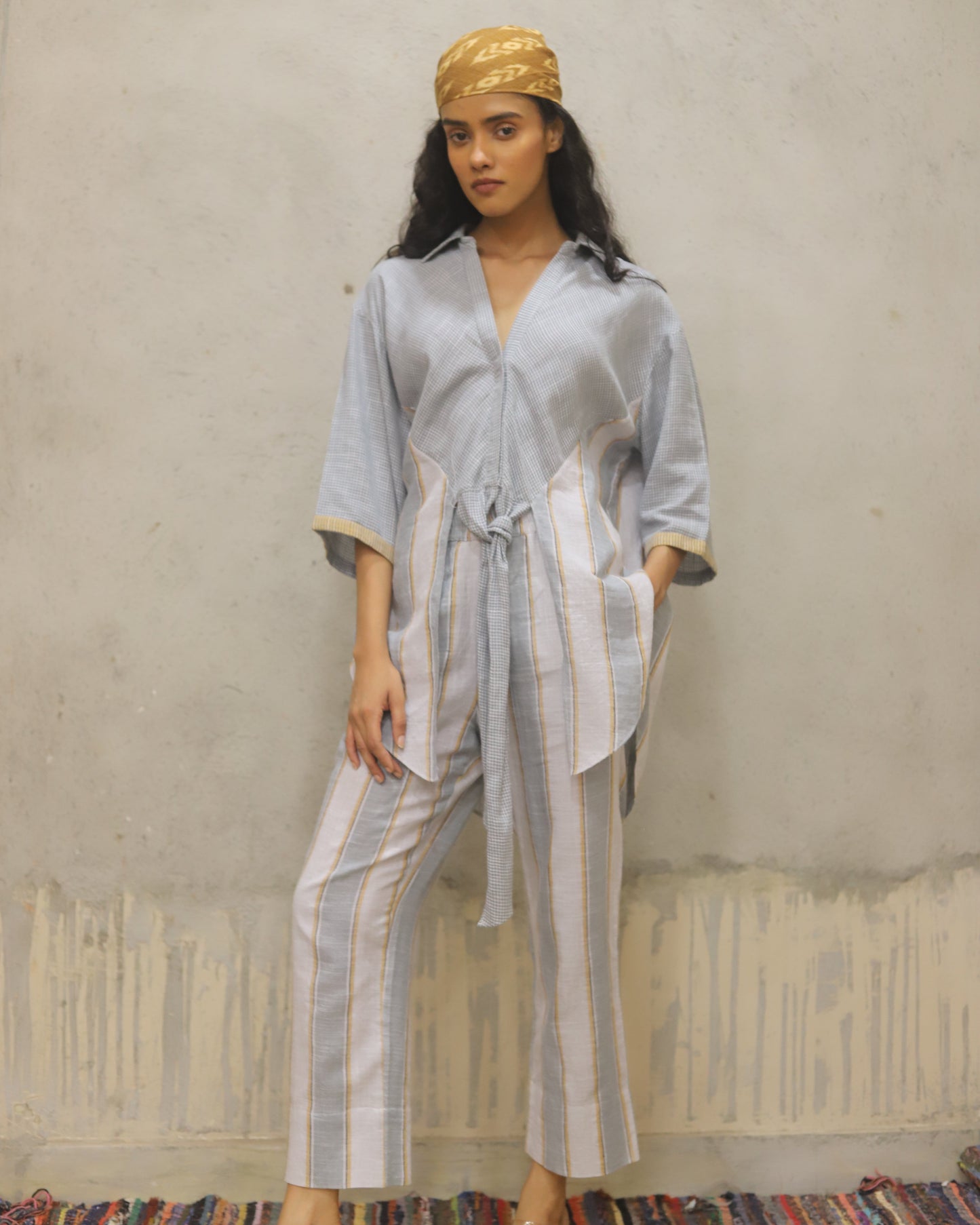 Cotton printed Bandana + dress + pant + top in coordinated mini check and stripe , hand powerloomed fabric , soft touch. Mother of pearl buttoon