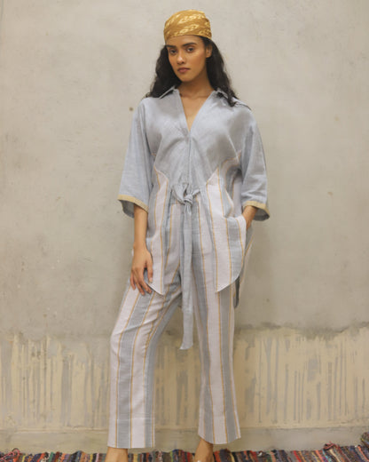 Cotton printed Bandana + dress + pant + top in coordinated mini check and stripe , hand powerloomed fabric , soft touch. Mother of pearl buttoon