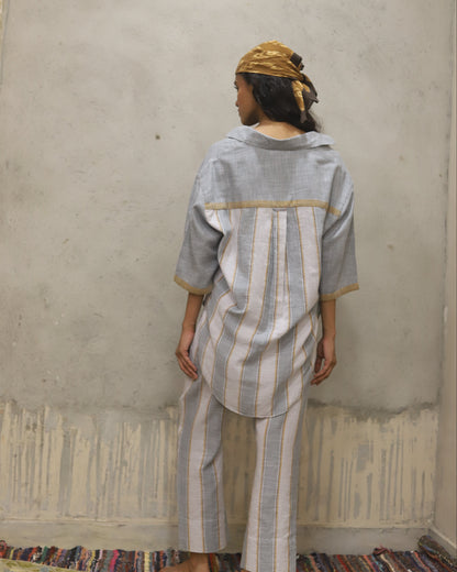 Cotton printed Bandana + dress + pant + top in coordinated mini check and stripe , hand powerloomed fabric , soft touch. Mother of pearl buttoon