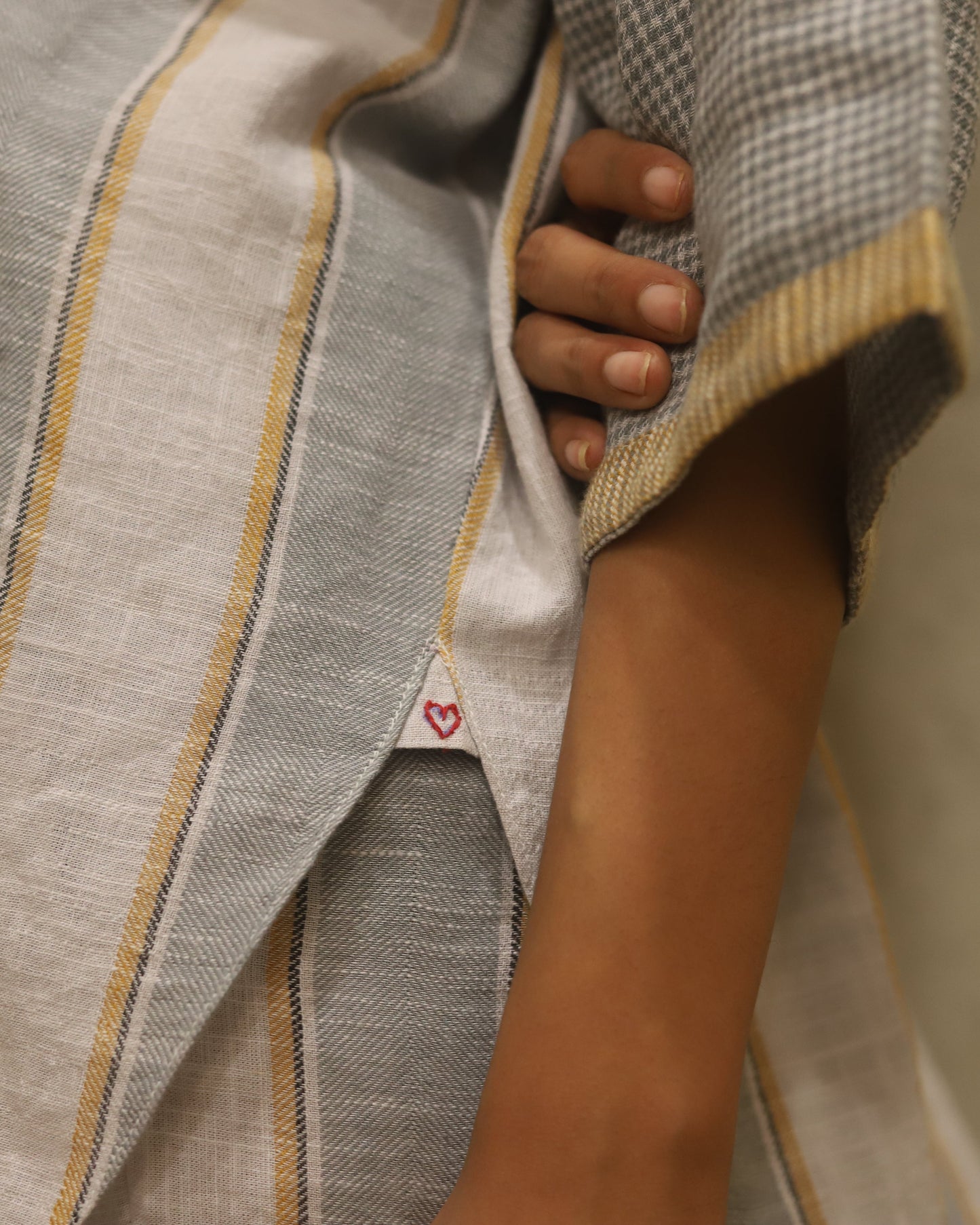 Cotton printed Bandana + dress + pant + top in coordinated mini check and stripe , hand powerloomed fabric , soft touch. Mother of pearl buttoon