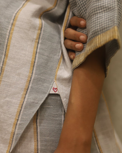 Cotton printed Bandana + dress + pant + top in coordinated mini check and stripe , hand powerloomed fabric , soft touch. Mother of pearl buttoon