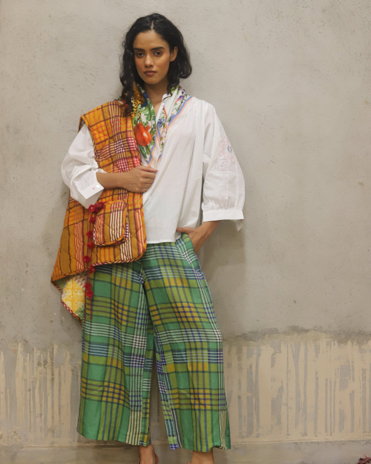 Cotton shirt with hand embroidered sleeve detail + printed check quilted reversible jacket + contrast check printed pants + matching bandana in cotton