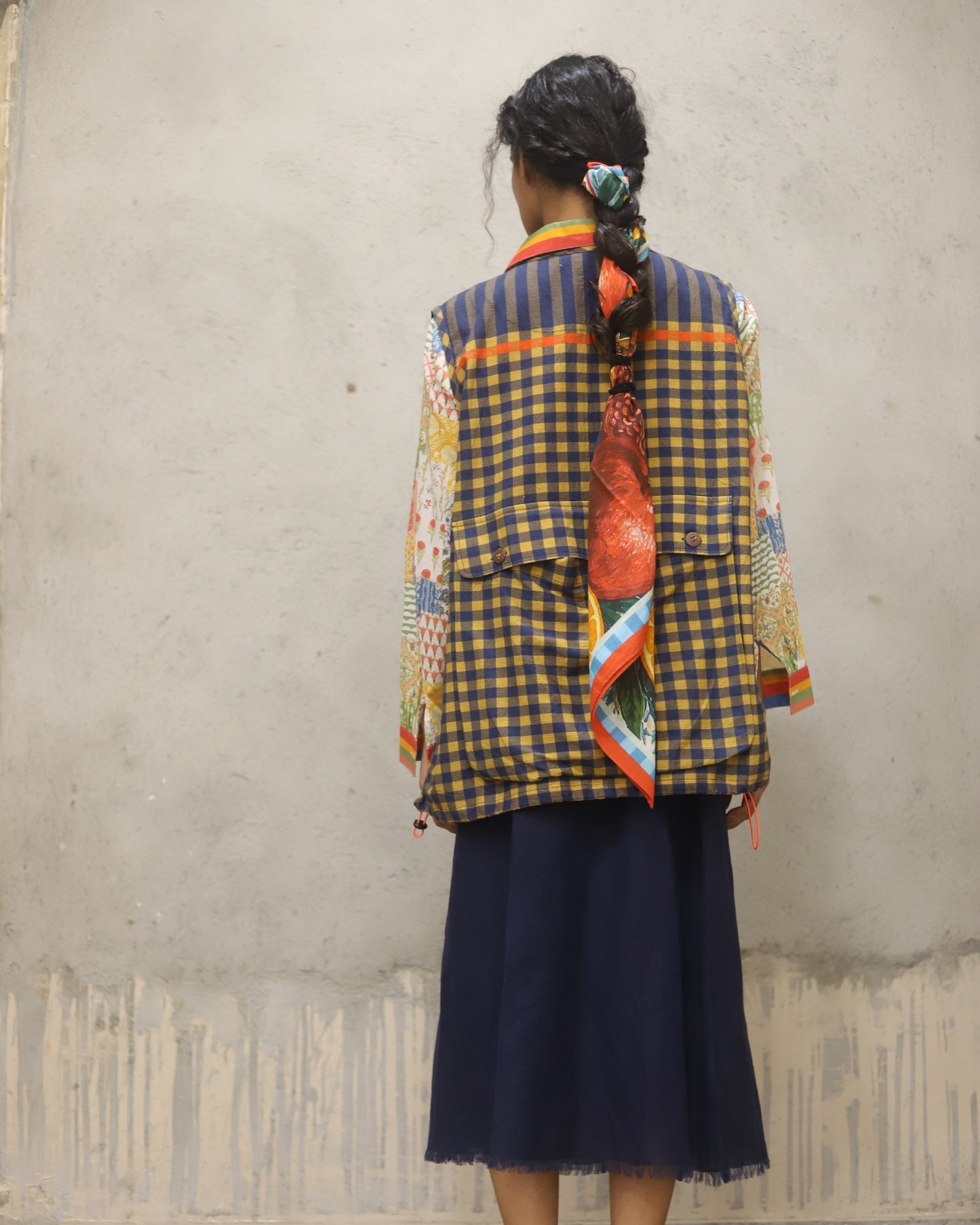 Cotton check print jacket with contrast highlights details