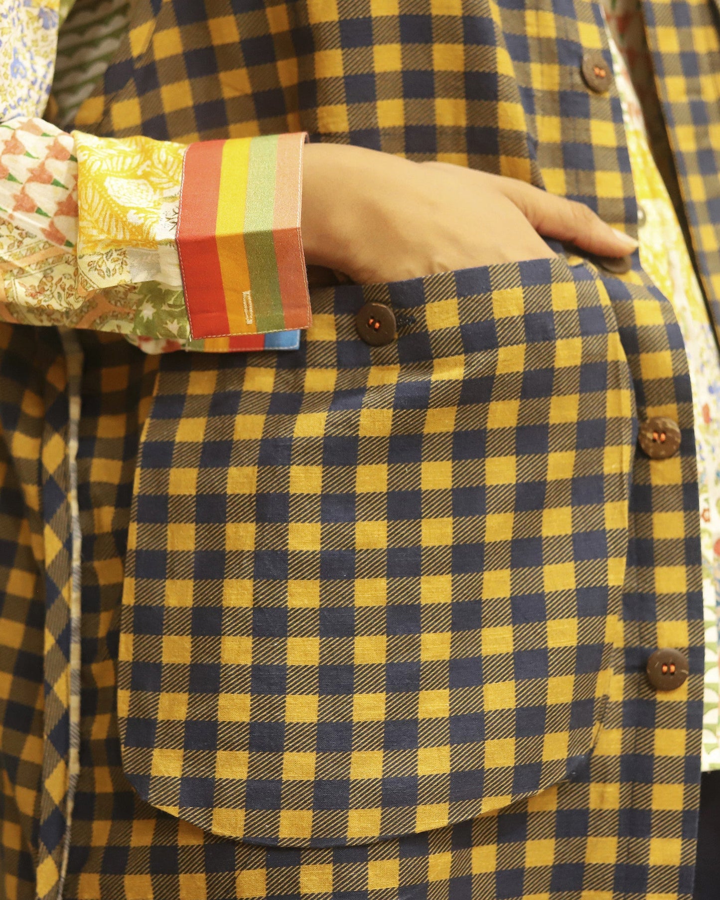 Printed cotton shirt with stripe detailing on collar and cuff + cotton jacket with oversized pockets and detailed pocket closure + cotton linen skirt in solid colour