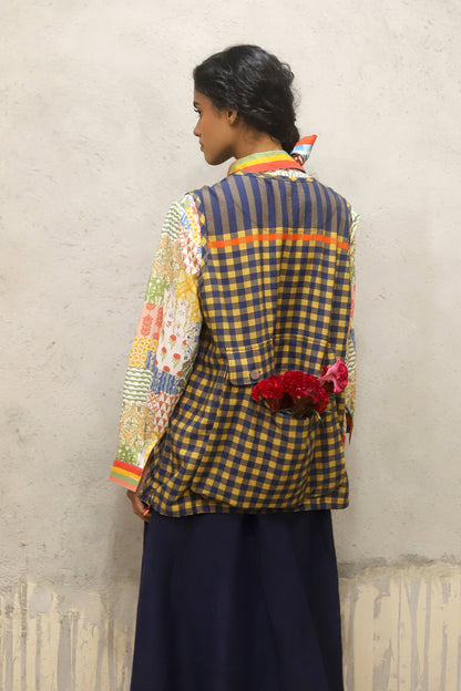 Printed cotton shirt with stripe detailing on collar and cuff + cotton jacket with oversized pockets and detailed pocket closure + cotton linen skirt in solid colour