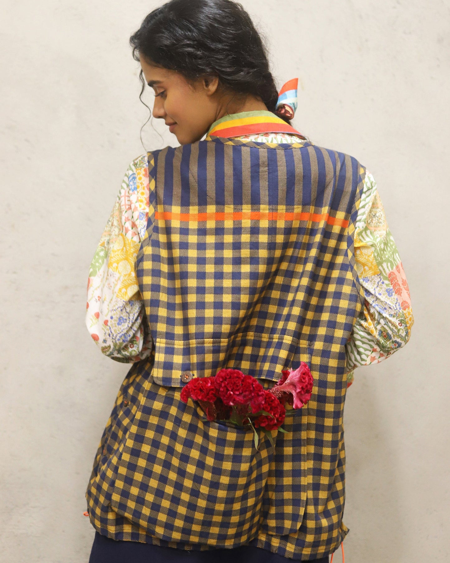Printed cotton shirt with stripe detailing on collar and cuff + cotton jacket with oversized pockets and detailed pocket closure + cotton linen skirt in solid colour