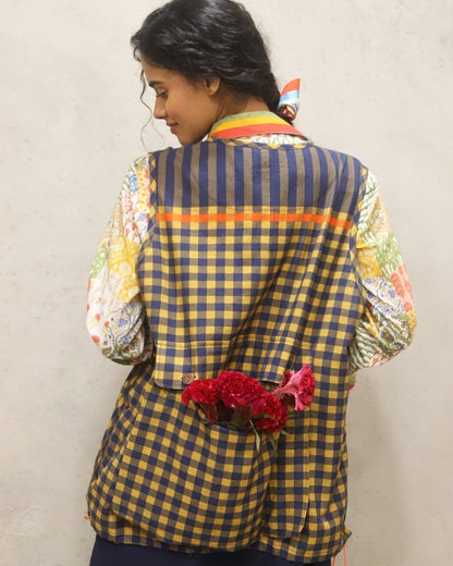 Printed cotton shirt with stripe detailing on collar and cuff + cotton jacket with oversized pockets and detailed pocket closure + cotton linen skirt in solid colour