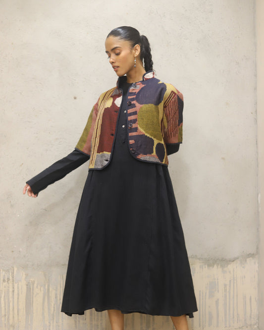 Pure Merino Wool jacquard short jacket + with herring bone weave cotton full dress