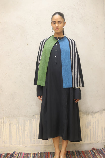 Wool woven stripe coverup + pinuck pleating detail in the front panel cotton herringbone dress