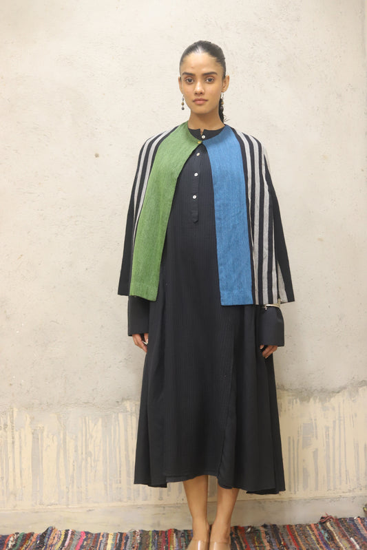 Wool woven stripe coverup + pinuck pleating detail in the front panel cotton herringbone dress
