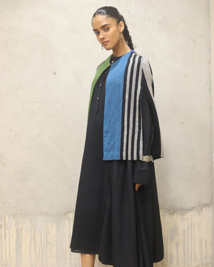 Wool woven stripe coverup + pinuck pleating detail in the front panel cotton herringbone dress