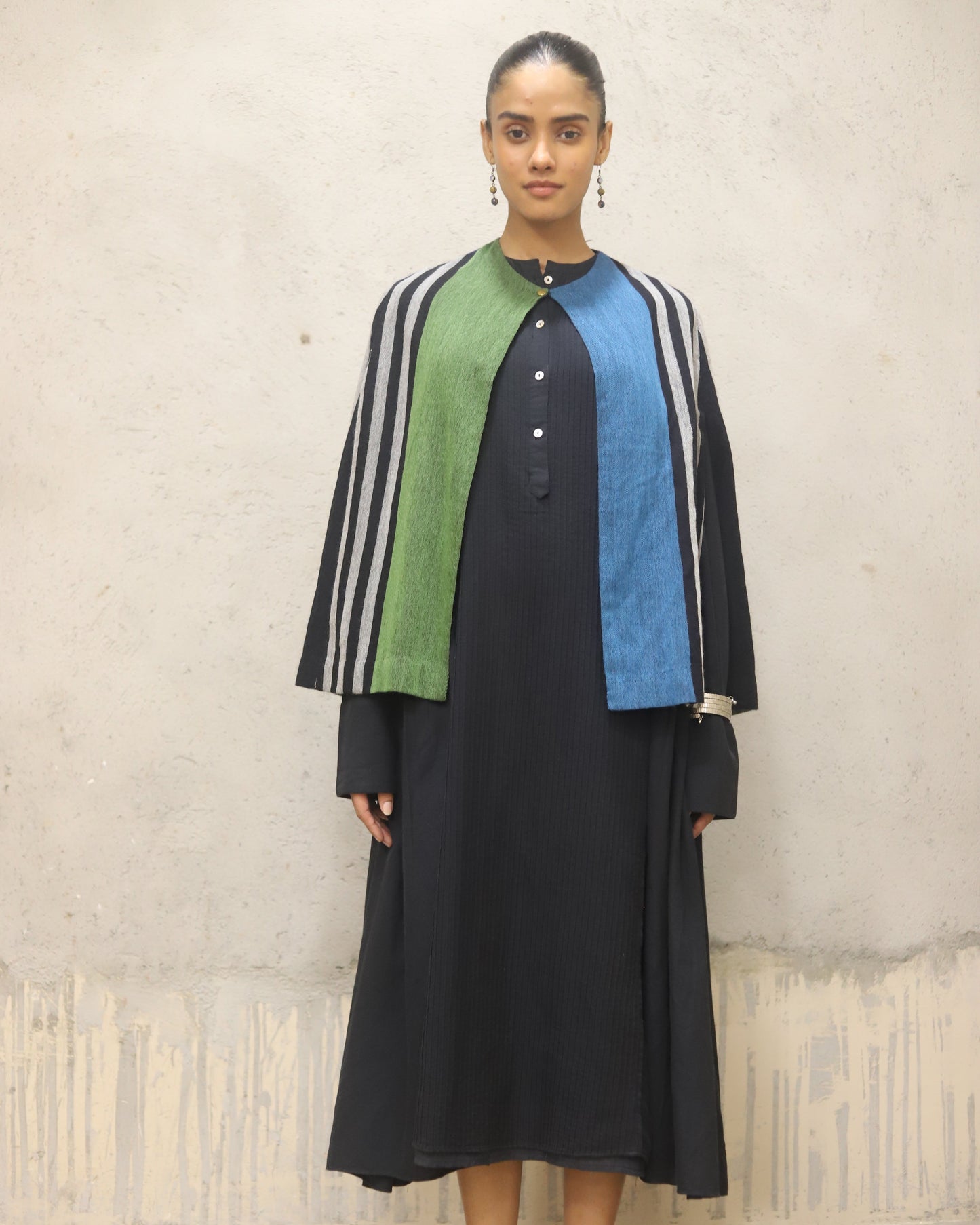 Wool woven stripe coverup + pinuck pleating detail in the front panel cotton herringbone dress