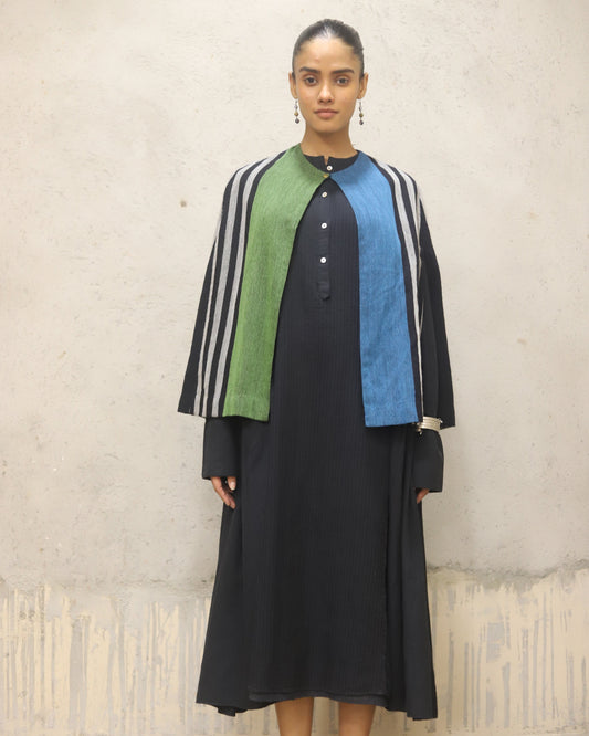 Wool woven stripe coverup + pinuck pleating detail in the front panel cotton herringbone dress