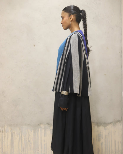 Wool woven stripe coverup + pinuck pleating detail in the front panel cotton herringbone dress
