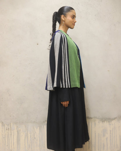 Wool woven stripe coverup + pinuck pleating detail in the front panel cotton herringbone dress