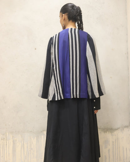 Wool woven stripe coverup + pinuck pleating detail in the front panel cotton herringbone dress