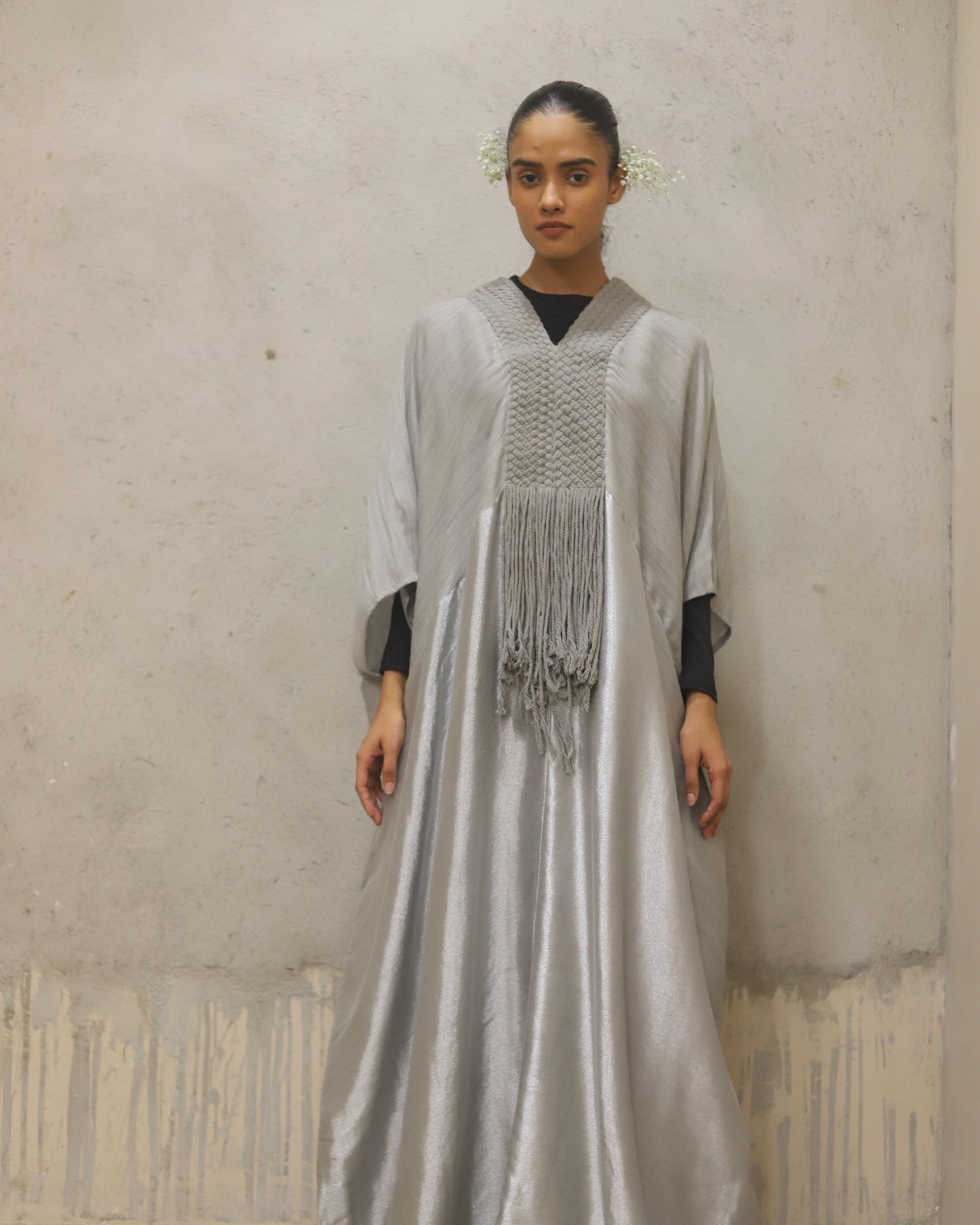 Modal wool sari woven dress with cotton cord detail Kaftan
