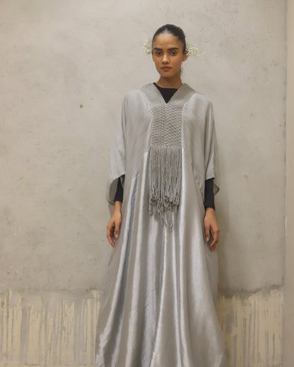 Modal wool sari woven dress with cotton cord detail Kaftan