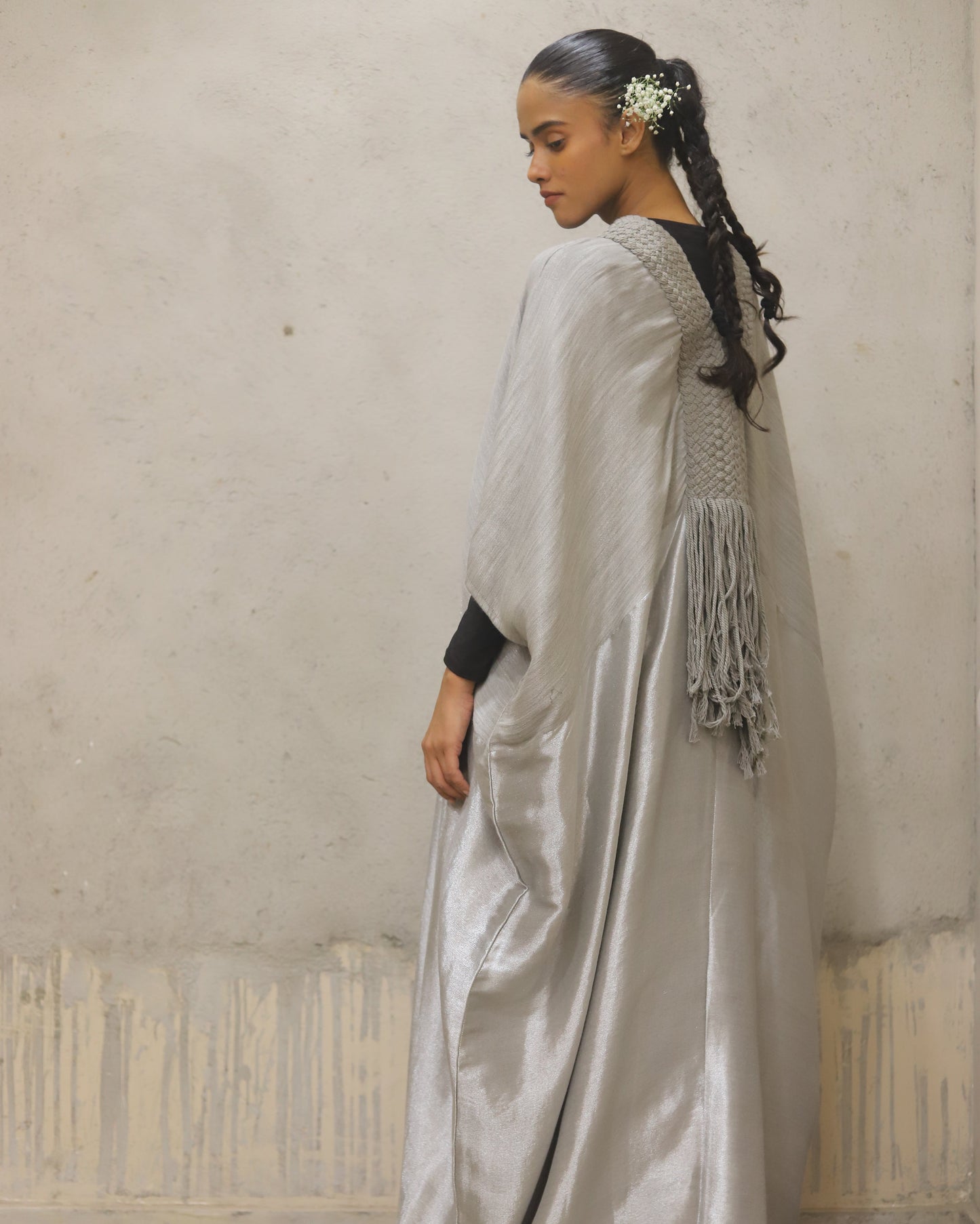 Modal wool sari woven dress with cotton cord detail Kaftan