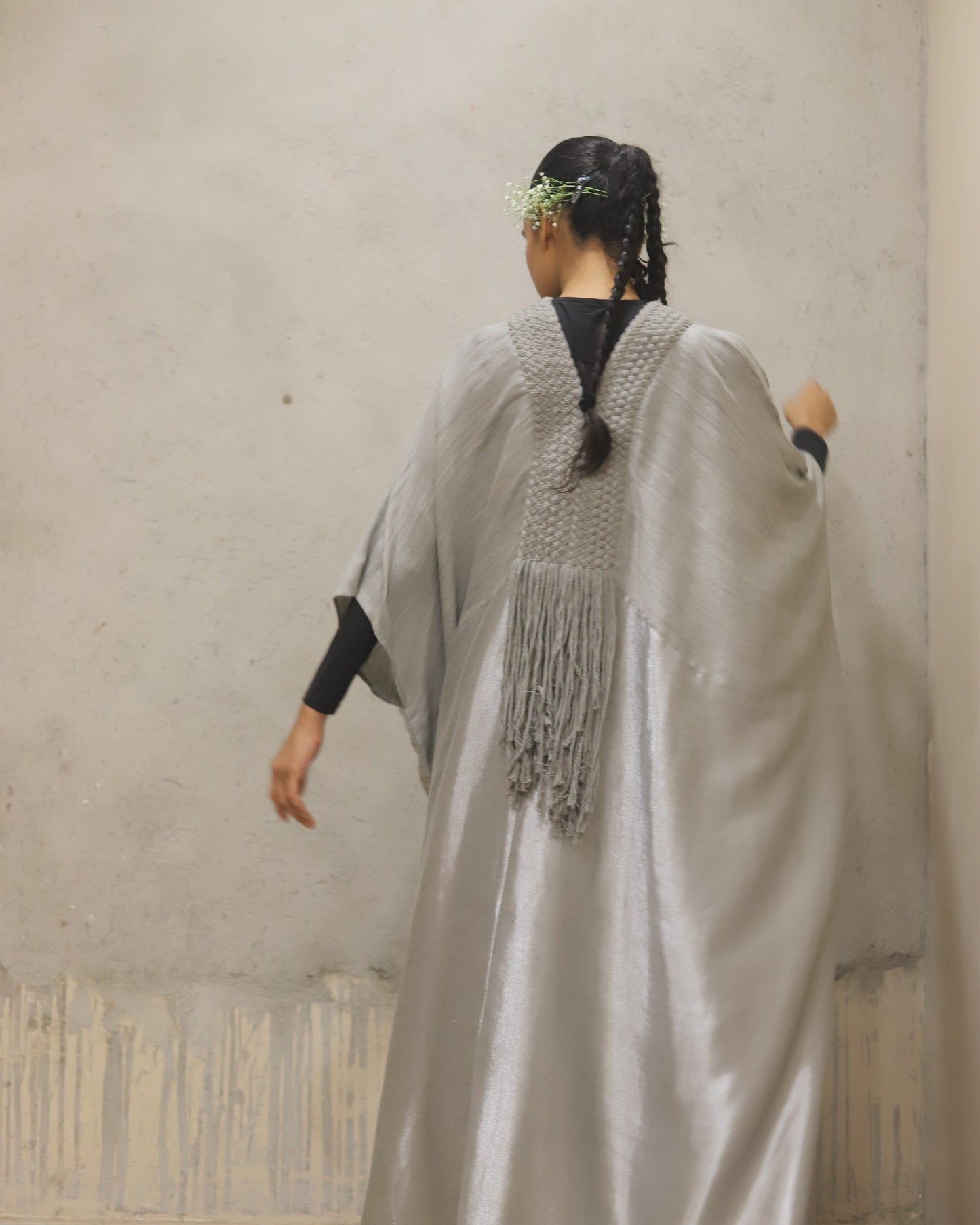 Modal wool sari woven dress with cotton cord detail Kaftan
